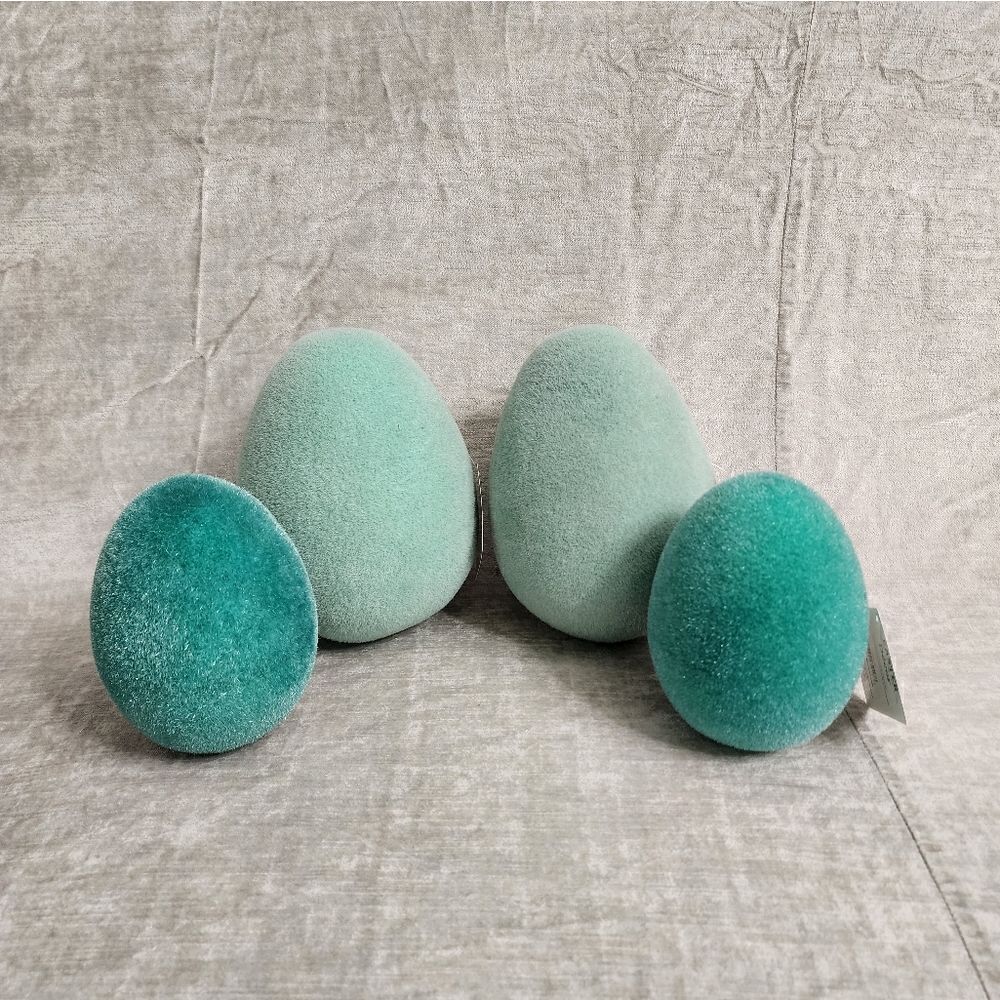New Easter Spring Flocked Decorative Teal Eggs Bundle of 4, Size 8" and 6"